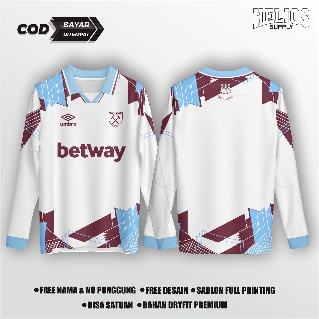 JERSEY BOLA WEST HAM UNITED RETRO GAYA CLASIC PREMIUM JERSEY LONG SLEVE - Helios Suply