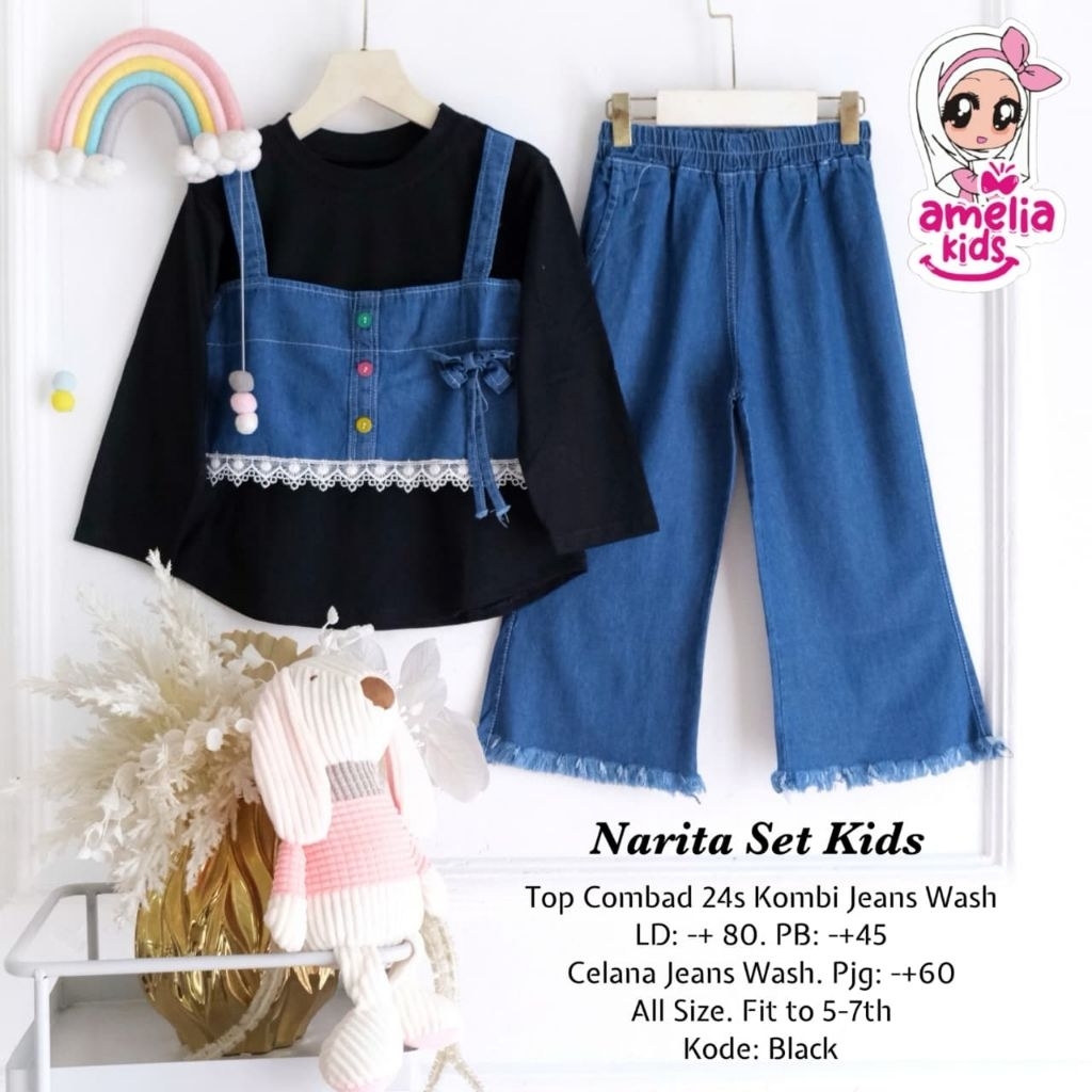 NARITA NURA KARINDA ALIKA DIANDRA SET KIDS ORIGINAL BY AMELIA KIDS BAHAN TOP AIRFLOW KOMBI JEANS WAS