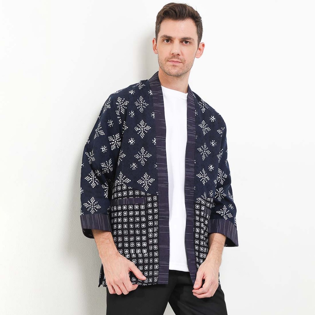 Rianty Batik Premium Pria Outer Panjang Lurik Furing Aksaja Navy