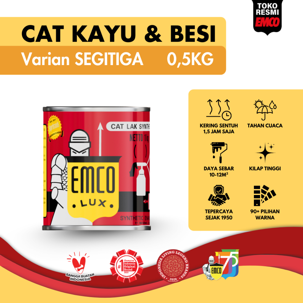 Emco Lux Cat Kayu & Besi 0,5kg - Warna Segitiga Gloss Finish Kilap Biru Orange Jingga Kuning Hijau