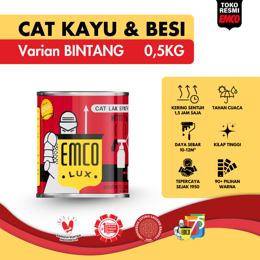 Emco Lux Cat Kayu & Besi - Warna Bintang, Kaleng 0,5kg Gloss Finish Kilap Merah Hijau Biru Ungu