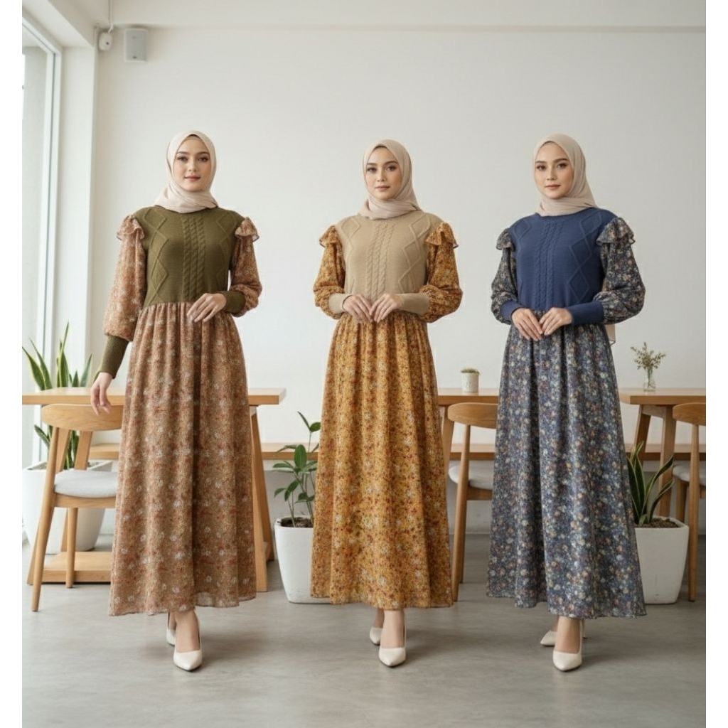 Junnasco Brisia Maxi Dress Rajut Kombinasi Plisket Import & Kombinasi Ceruty Premium Quality