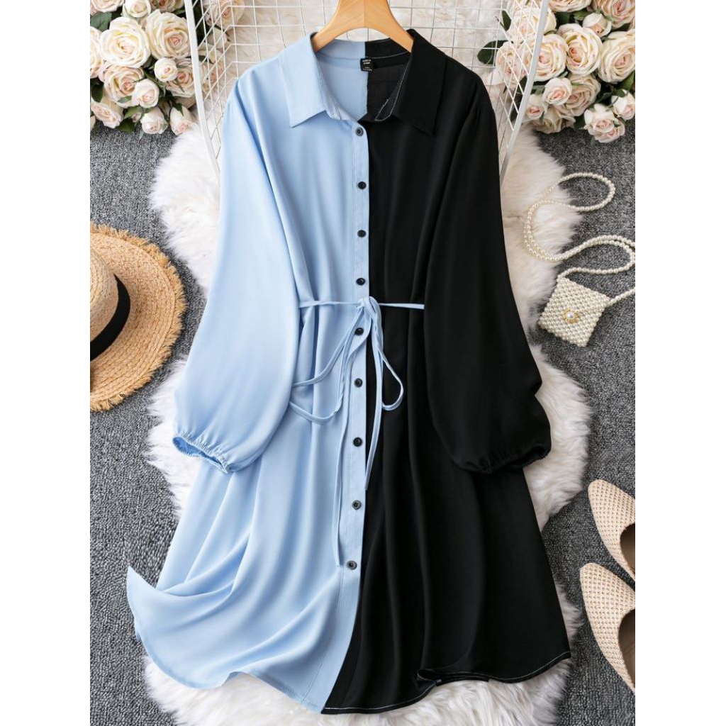tunik polos kombinasi 2 warna isabela biru dan hitam