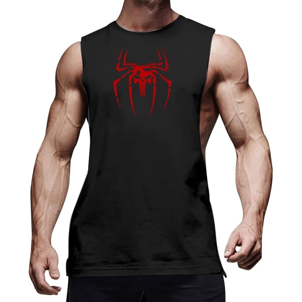 Kaos Tanpa Lengan Singlet Gym Pria Belahan Low Cut Motif Spiderman Singlet Gym Pria Lowcut