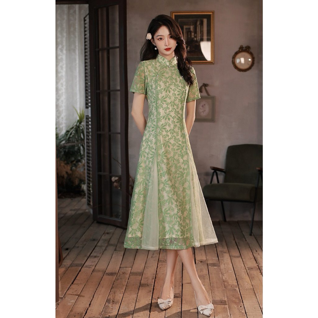 DRESS LONG BRUKAT CHEONGSAM MIX TUTU KOREANSTYLE BKK VINTAGE IMLEK NATAL PESTA SAGE HIJAU