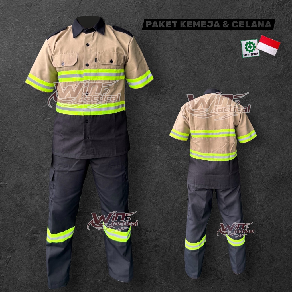 Wearpack Safety Baju Kerja Lengan Pendek Setelan Kombinasi lis hijau