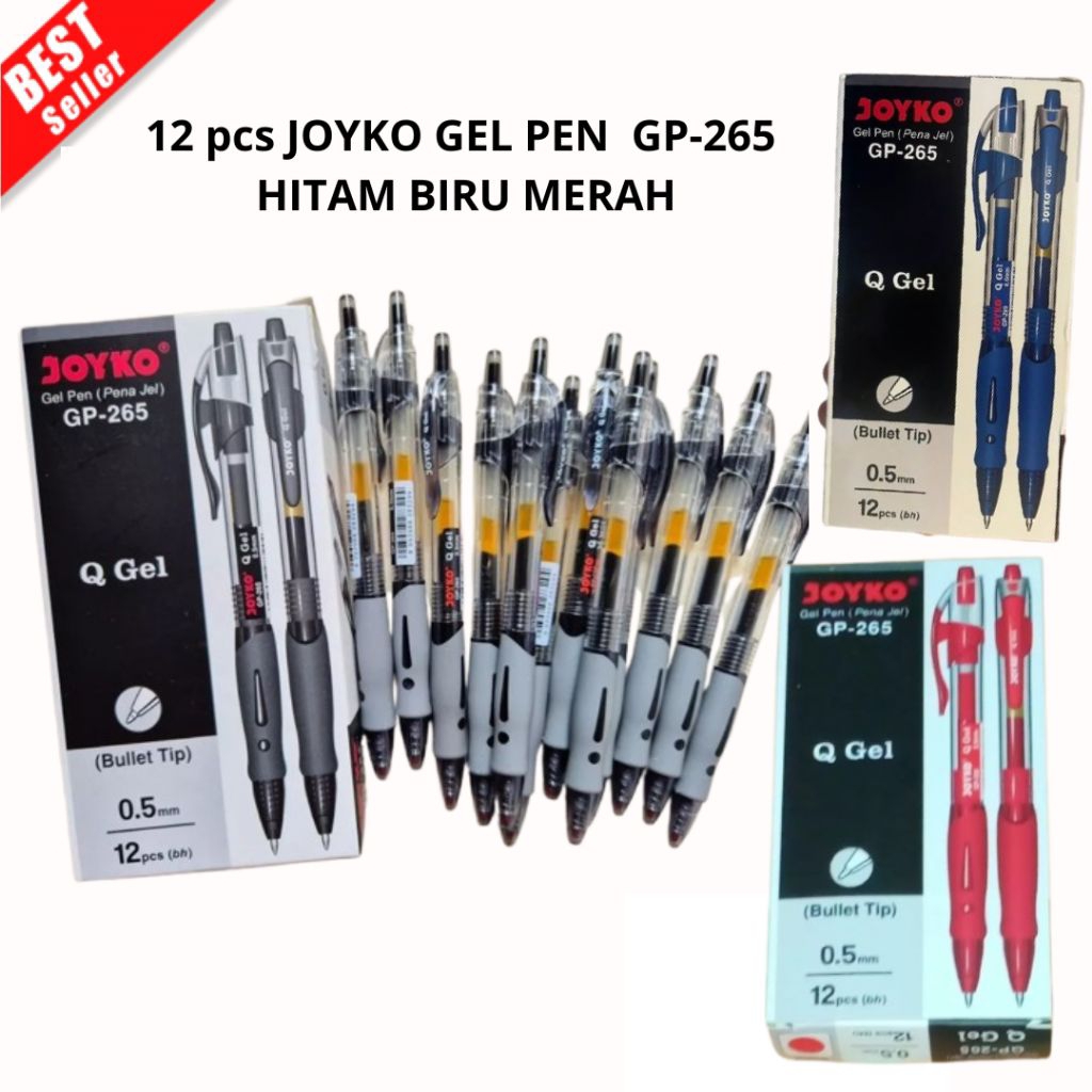 12 PCS (1 LUSIN) JOYKO GEL PEN QGEL GP-265 PENA PULPEN JOYKO CETEK HITAM BIRU MERAH GP265 REFILL  (S