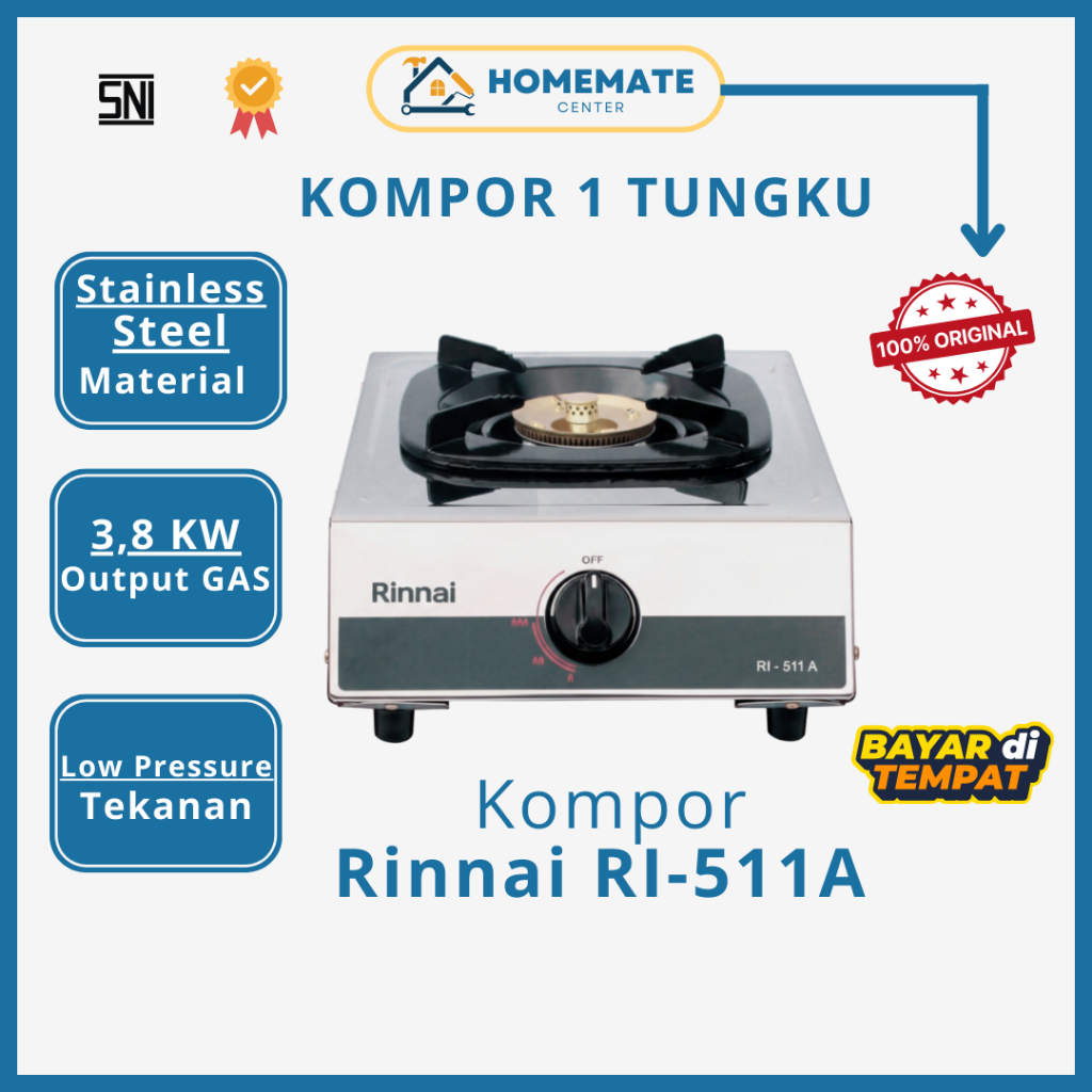 Kompor Gas Rinnai RI-511A 1 Tungku Stainless Steel - Kompor Rinnai Satu Tungku Api Besar Garansi Res