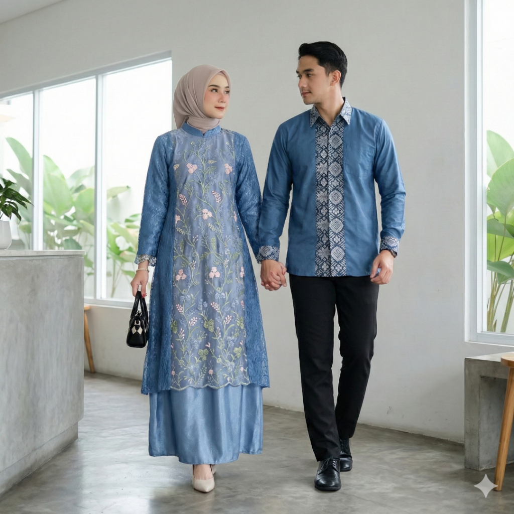 Batik Couple Termurah - Gamis Couple Pasangan Tille Brokat Flower Bunga Baju Lebaran Idul Fitri 2026