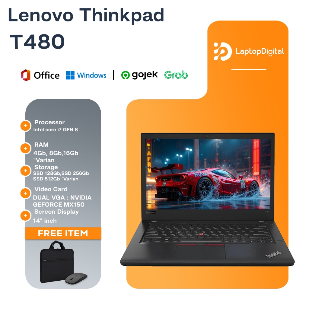 Laptop Lenovo Thinkpad T480 Core i7 Gen 8 | RAM 16GB SSD 256 GB | NVIDIA MX150 Bonus Mouse Dan Tas