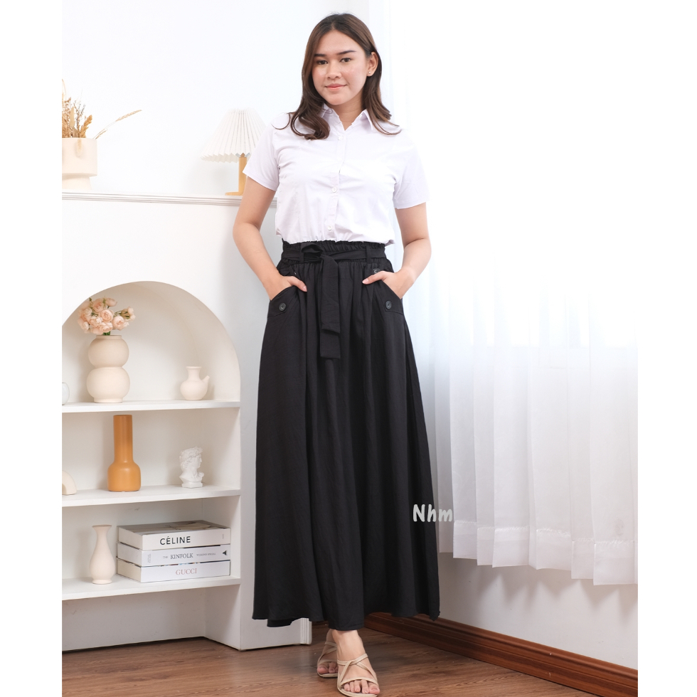 Rok Panjang Wanita Hitam Polos Lebar Flare Skirt Polo Linen