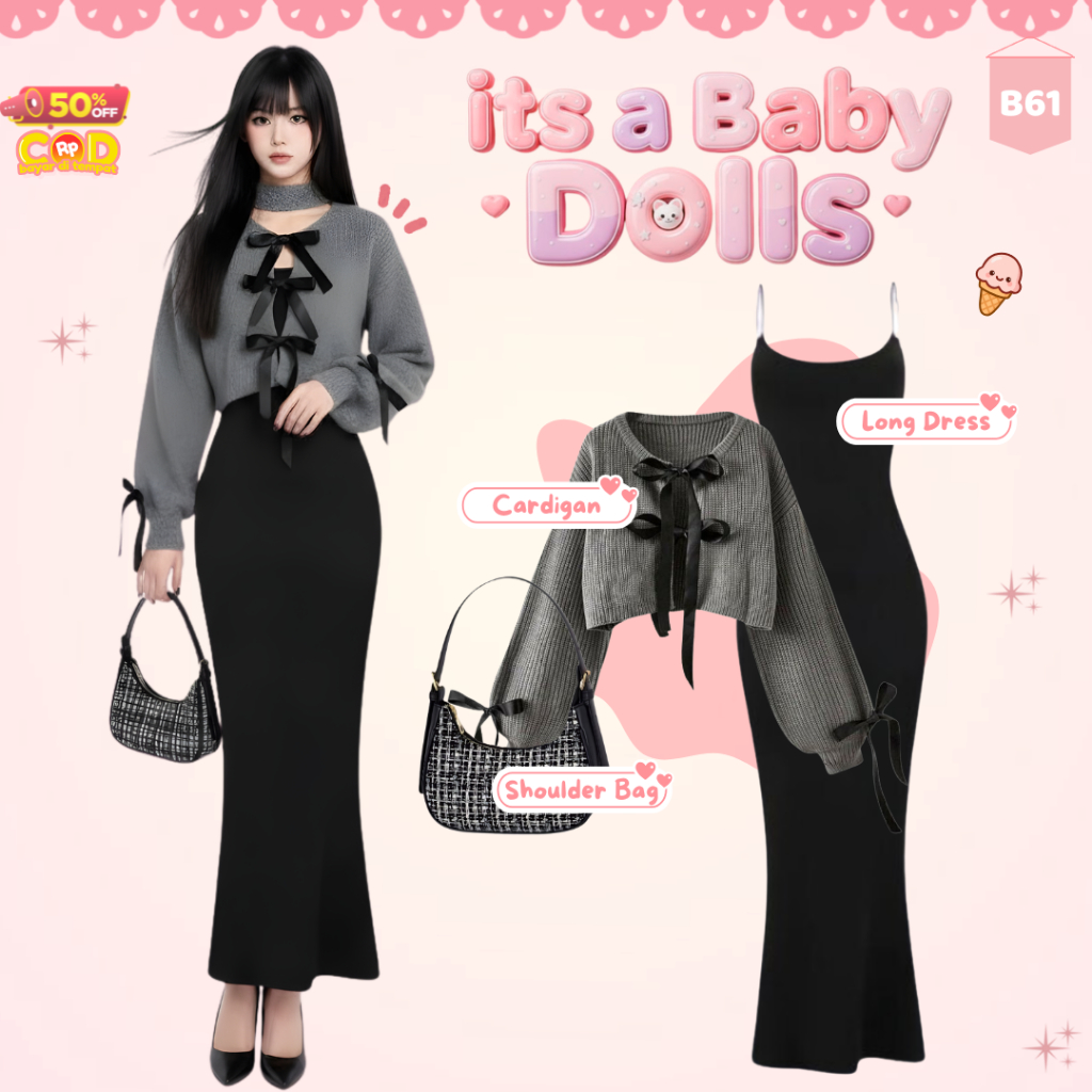 Setelan One Set Wanita  Korean Cute Girl Sweater Pita - ( Long Dress + Sweater Pita Ribbon + Shoulde