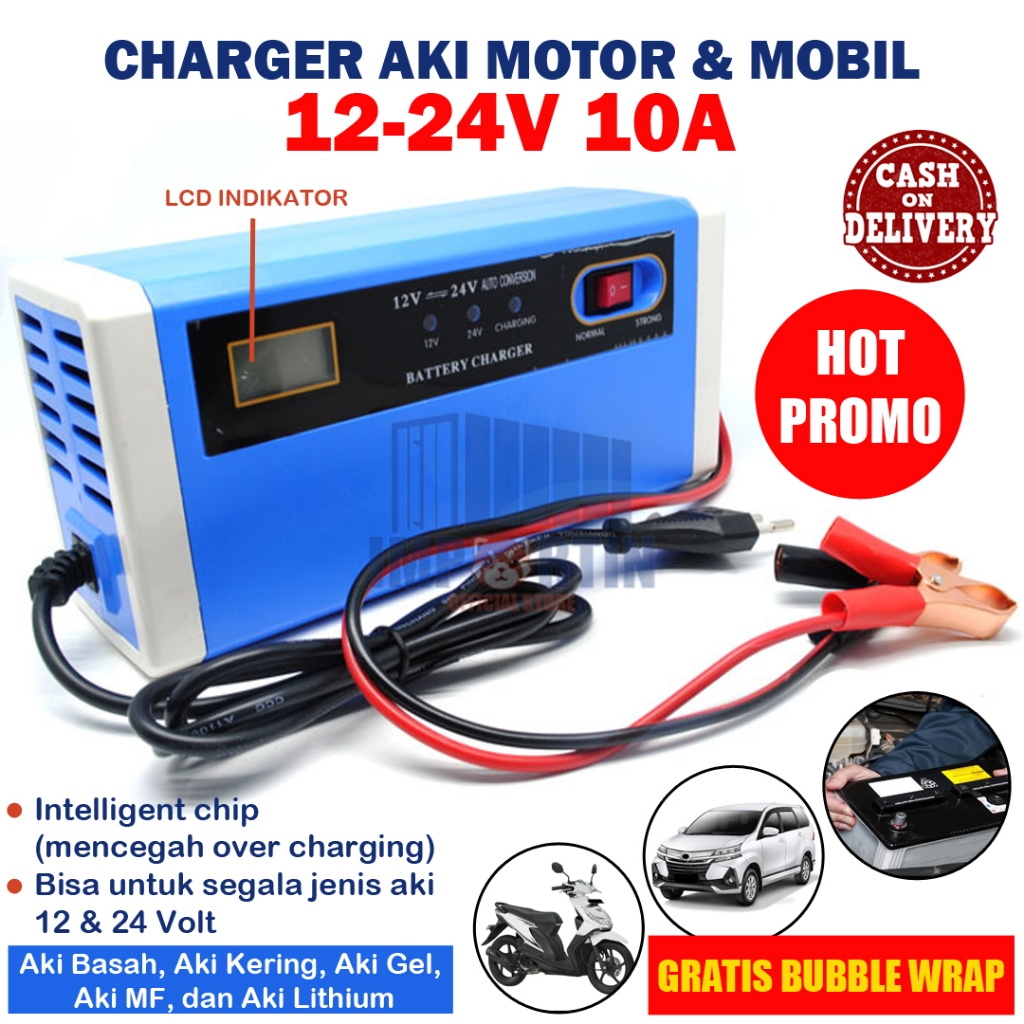 Charger Aki Mobil Motor 12V-24V 10A/ Charger Aki Portable 12V-24V 10A Mobil dan Motor LCD Indicator 