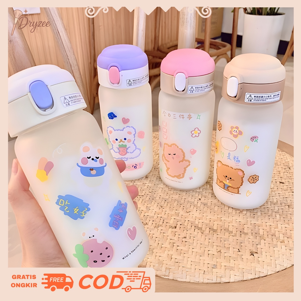 Botol Minum Kaca Aesthetic Korea Style 450ml Botol Air Minum Lucu Minimalis Anti Tumpah - BM09