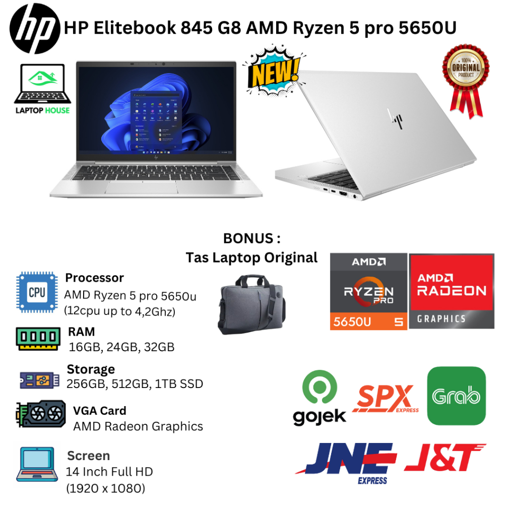 Laptop Baru Hp Elitebook 845 G8 AMD Ryzen 5 pro 5650u Upto 4,2Ghz
