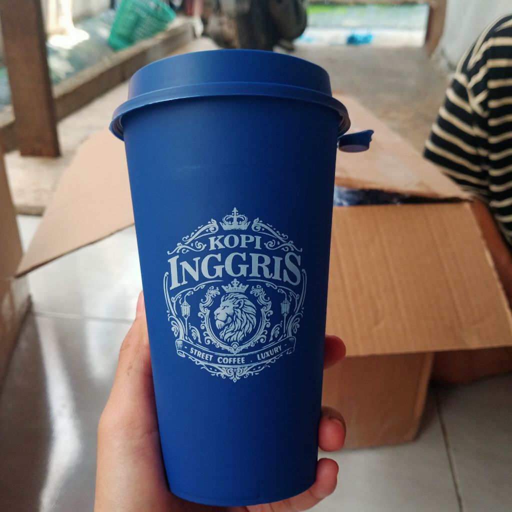 [1000pcs] Sablon CUP PP Injection 16 Oz Bening/frost/Oval//Tutup tali (connected Lid)