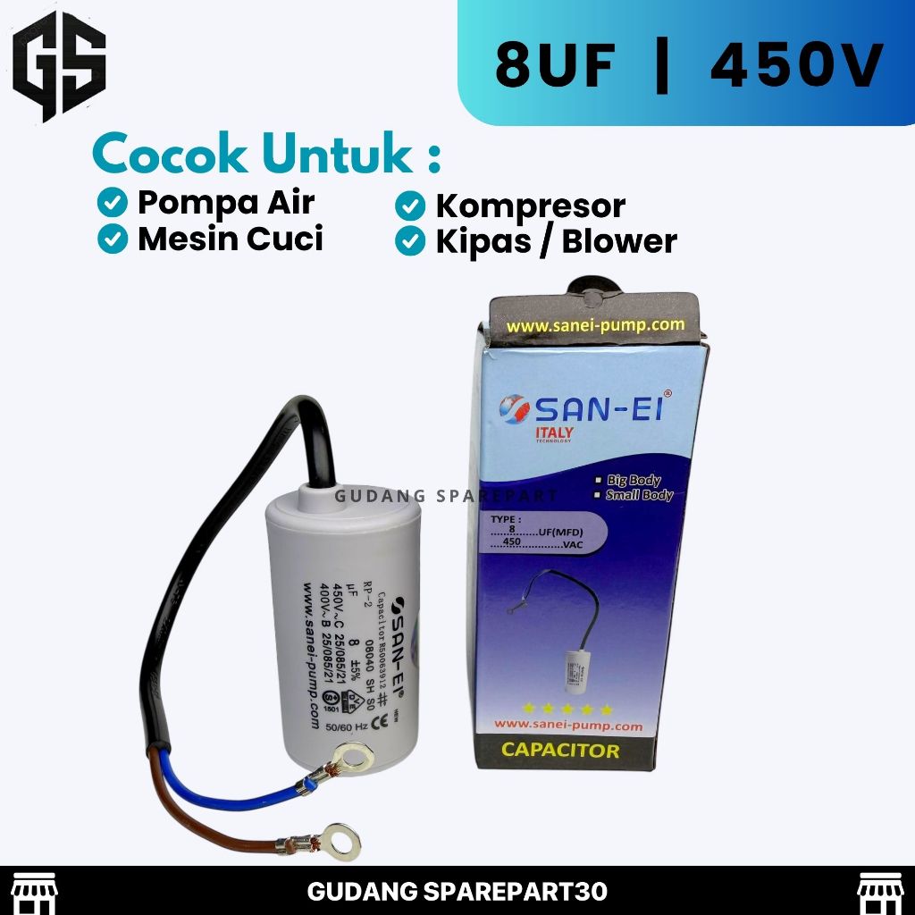 Kapasitor Bulat 8UF 450V San Ei / Kapasitor Pompa Air 8uf San-Ei Kabel