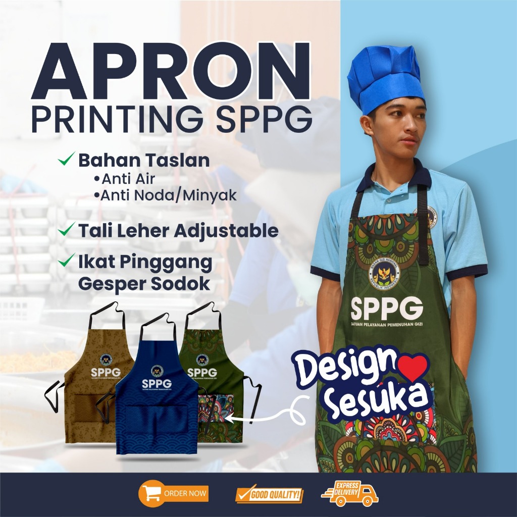 Apron Celemek Dapur MBG SPPG Custom Logo Nama Printing – Anti Air Anti Minyak Anti Noda Bahan Taslan