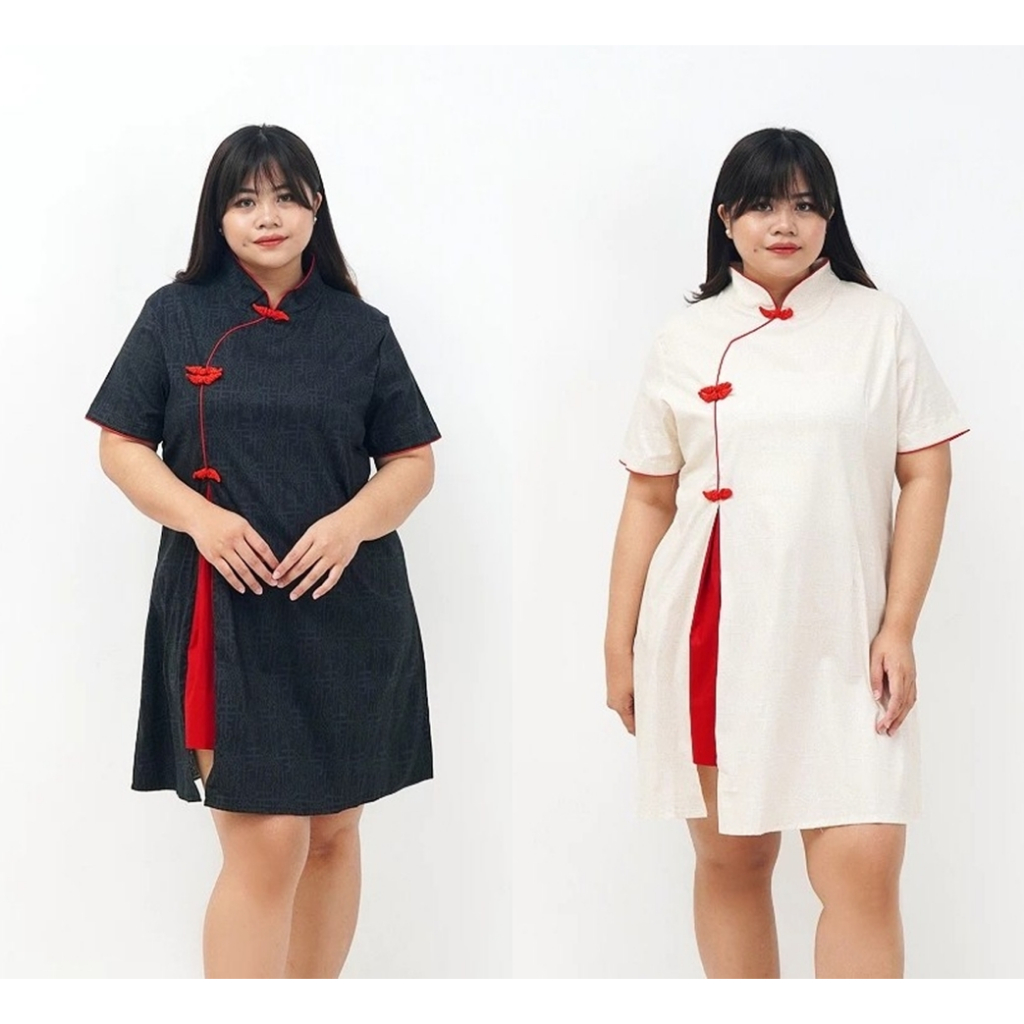 DRESS CHEONGSAM WANITA BAJU IMLEK XXL XXXL JUMBO BIG SIZE ORIENTAL 033 HITAM CREAM OVERSIZE SHANGHAI