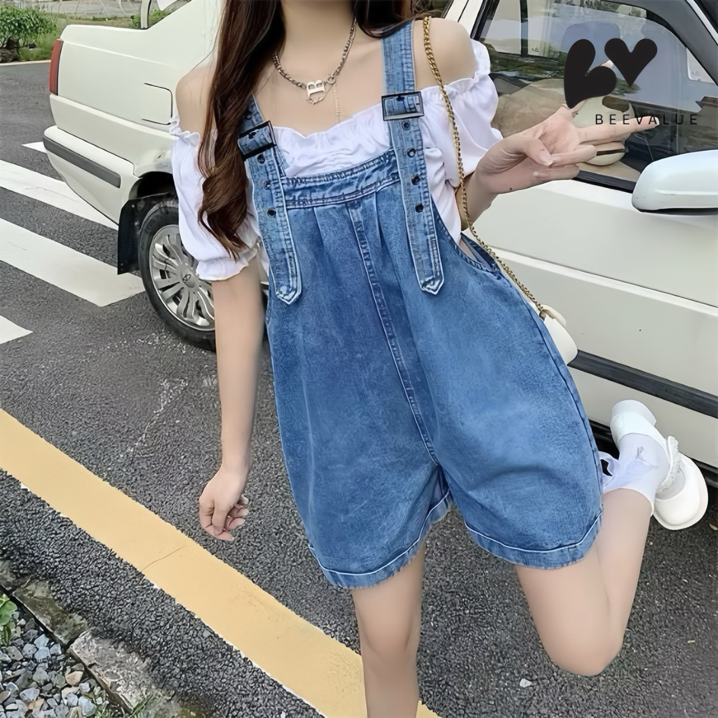 [Beevalue] Celana Jeans Wanita Jumpsuit Overall Pendek | Celana Kodok Jeans Pendek | Celana Jumpsuit