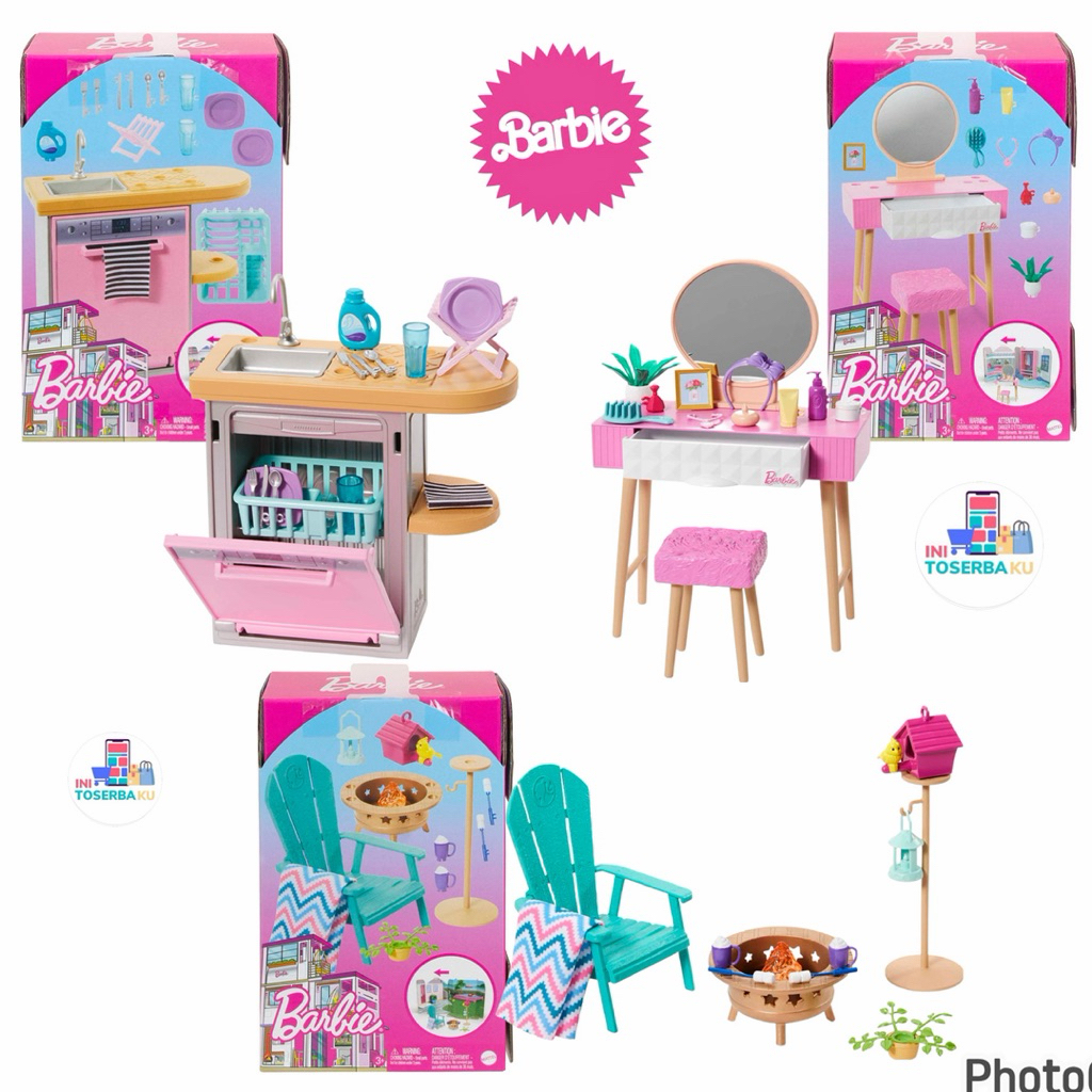 BARBIE DOLL ACCESSORIES & FURNITURE DISHWASHER, DRESSING TABLE, BACKYARD CHAIR MATTEL / MAINAN ANAK 