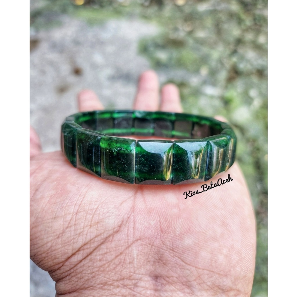 Gelang Batu Giok Black Jade Super Original Asli Aceh Cembung Cutting Full Tembus