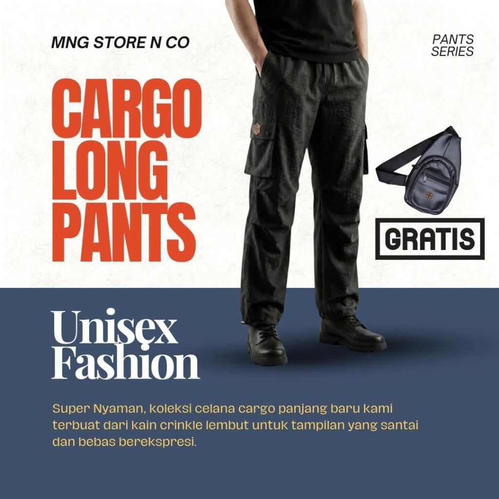 MnG Celana Cargo Panjang Hitam Pria Wanita Casual Simple Stylish