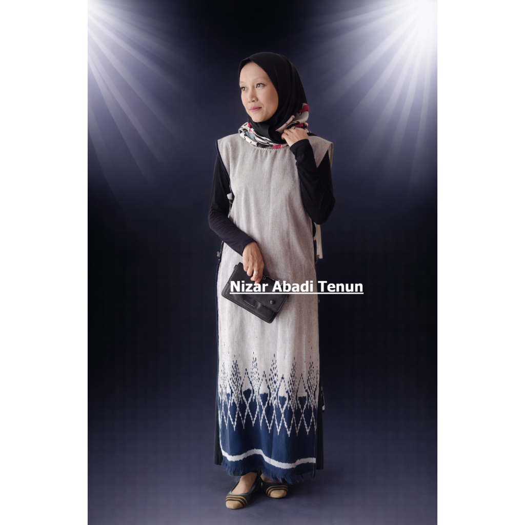 Vest Tenun Terbaru, Vest Panjang Kekinian, Baju Tenun Etnik Wanita Terbaru - Motif Rumput Abu