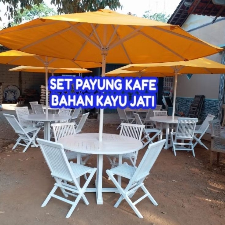 Set Meja Payung Kafe Resto Cat Putih