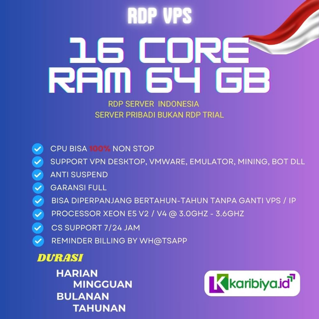 RDP VPS Indonesia 16 Core Ram 64 GB Windows Full Admin Bergaransi Anti Suspend Emulator Forex Youtub