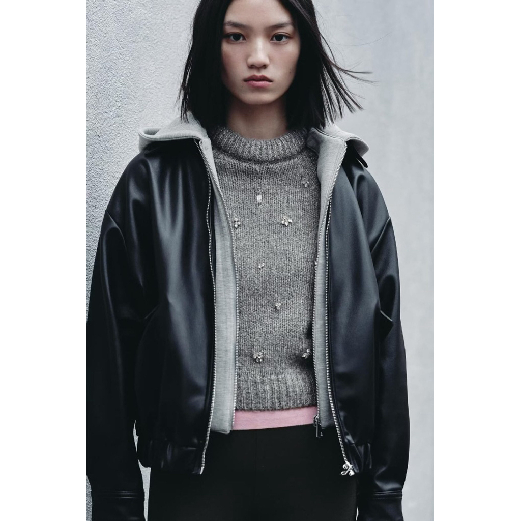 READY STOCK maji.fashion Black Faux Leather Hoodie Jacket