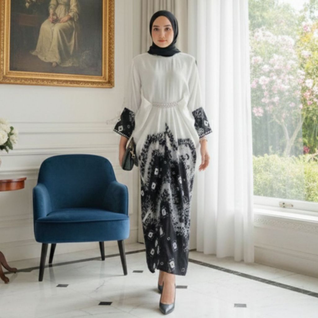 [ REALL PICT ] Baju Couple Jumputan Viscose | Gamis Sarimbit Keluarga Lebaran | Yoko Songket Putih E