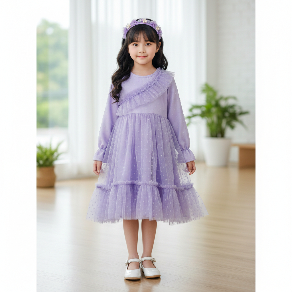 Dress Anak Princess Tutu Brokat Furing Voal Suede Tulle Floral Lilac 3-10 Tahun