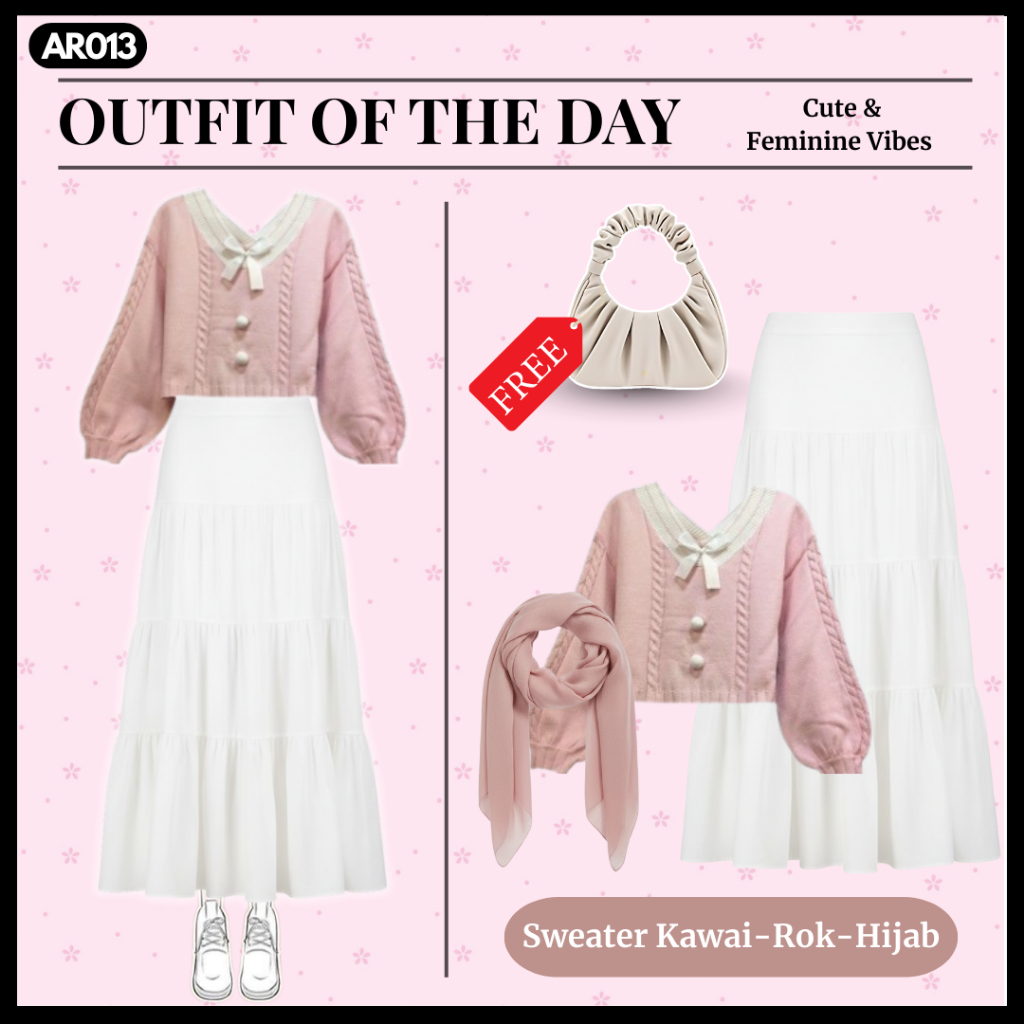 Setelan Wanita One Set | Sweater Rajut Dusty Pink | Rok Susun Putih | Hijab Dusty Pink | AR013
