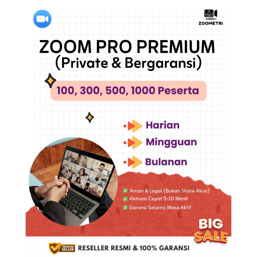 Zoom Pro Unlimited Harian Mingguan Bulanan 100 300 500 1000 Peserta Full Fitur