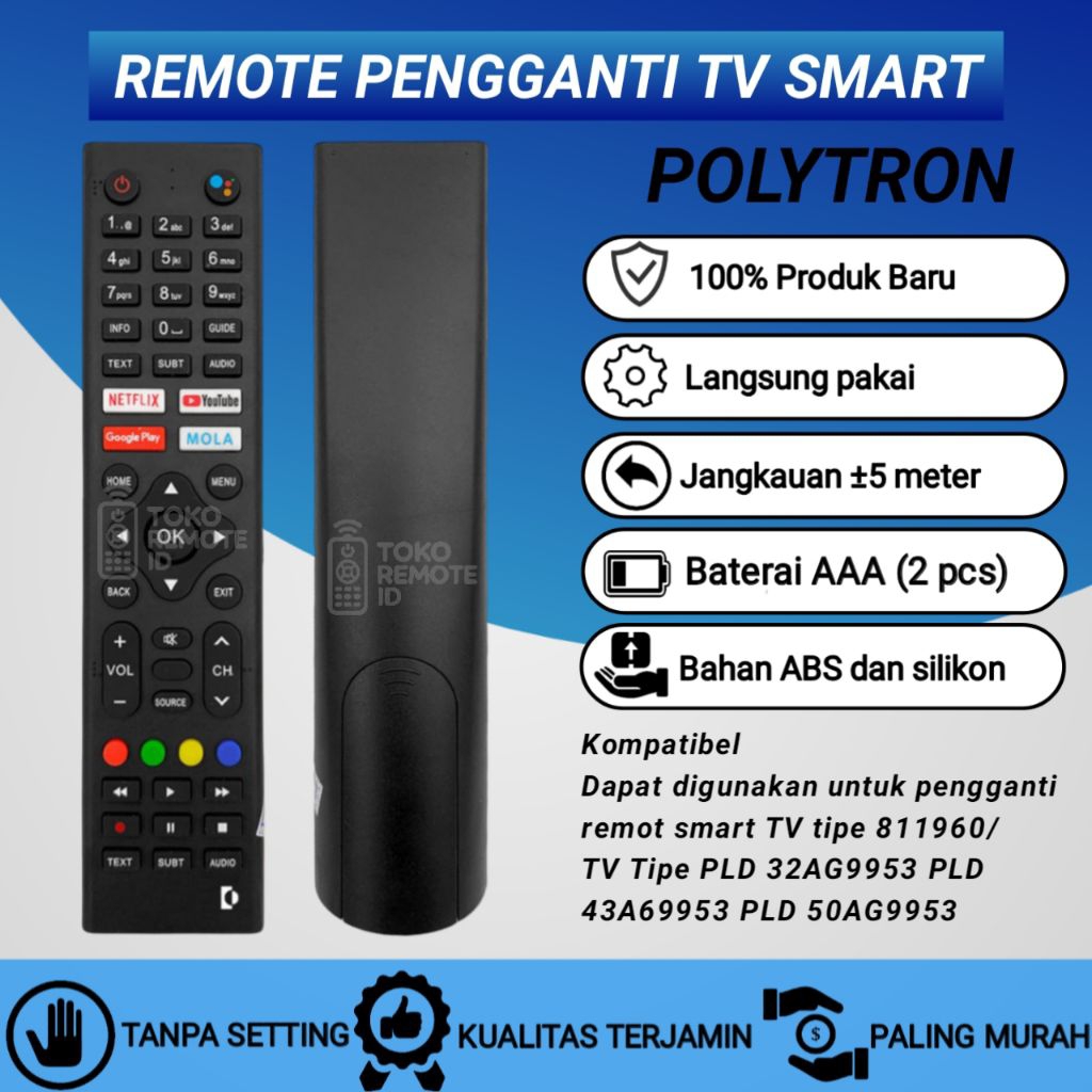 Remot Pengganti untuk Remote TV Polytron LCD LED Android Smart TV 811960 PLD 43AG9953 PLD 50AG9953