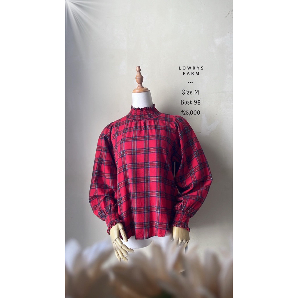 Blouse atasan top turtle neck merah motif kotak flanel premium murah lengan balon puffy