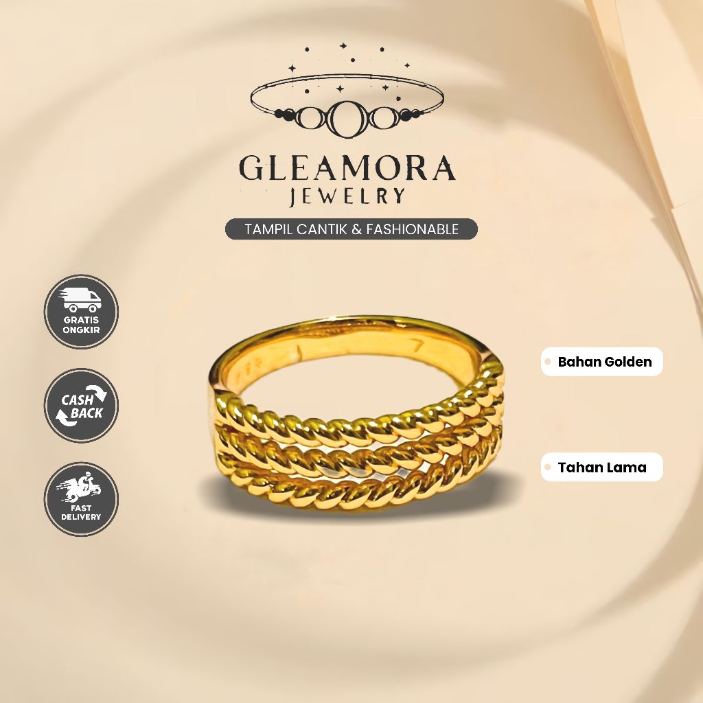 Cincin Rantai Replika Emas Gold Look Premium Ring Wanita Pria Unisex Fashion Tahan Lama