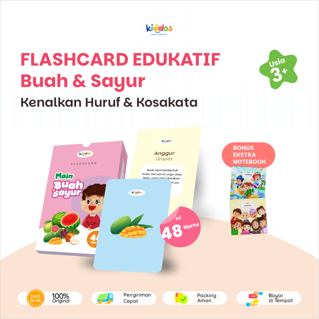 FLASHCARD MAINAN EDUKASI ANAK USIA 3+ TAHUN - ISI 48 KARTU TEMA BUAH DAN SAYUR [BAHASA INGGRIS & IND