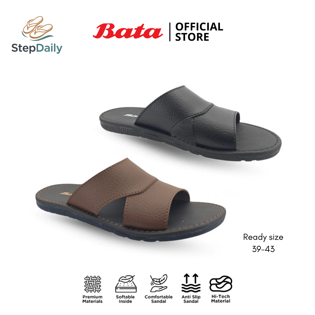 Sandal Bata Kulit Pria Slip On Hitam/Tan Skip Sandal Selop Pria Wanita Dewasa Kekinian