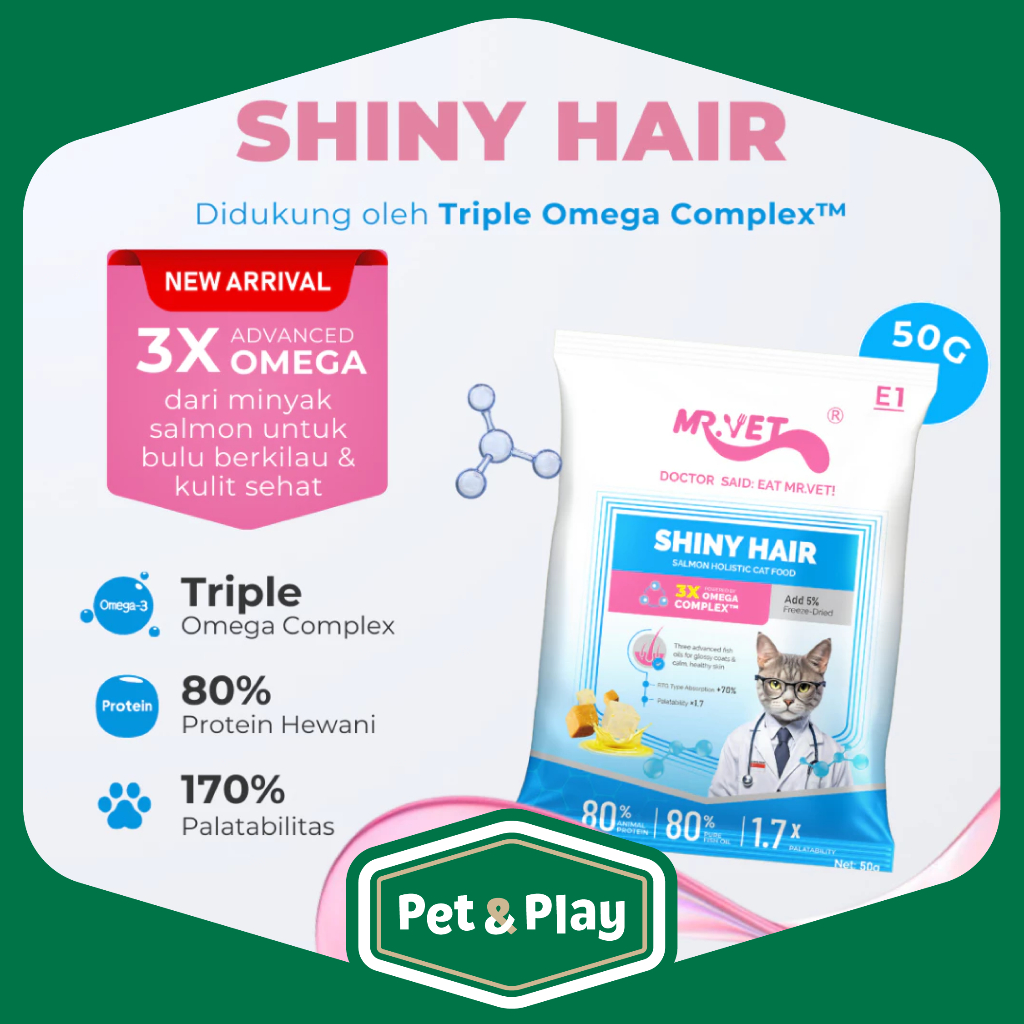 MrVet E1 Cat Shiny Hair Salmon Holistic 50 Gr / Triple-Omega Triple Glow Dari Salmon Norwegia / Maka
