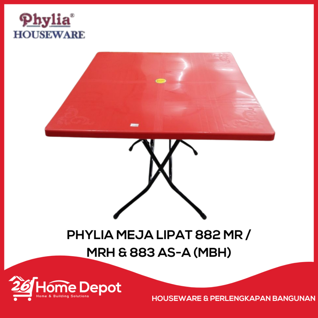 PHYLIA Meja Lipat Plastik Kaki Besi / Meja Lipat Berkualitas / Meja Makan Lipat 882 / 883 Merah