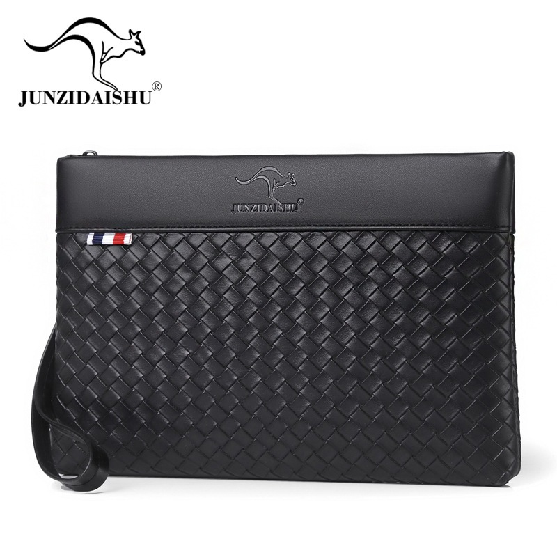 Tas Tangan Clutch Hitam Motif Anyam Premium Kulit Dompet Besar Saku Kartu iPad Mini Pria Wanita
