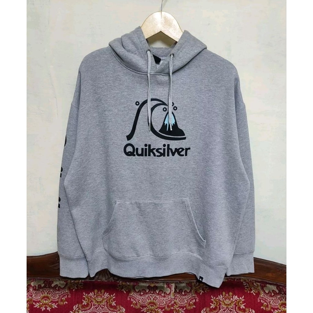 Hoodie Quiksilver Original Spellout Surfing Pullover Oversized Gray Abu Size L-XL Preloved