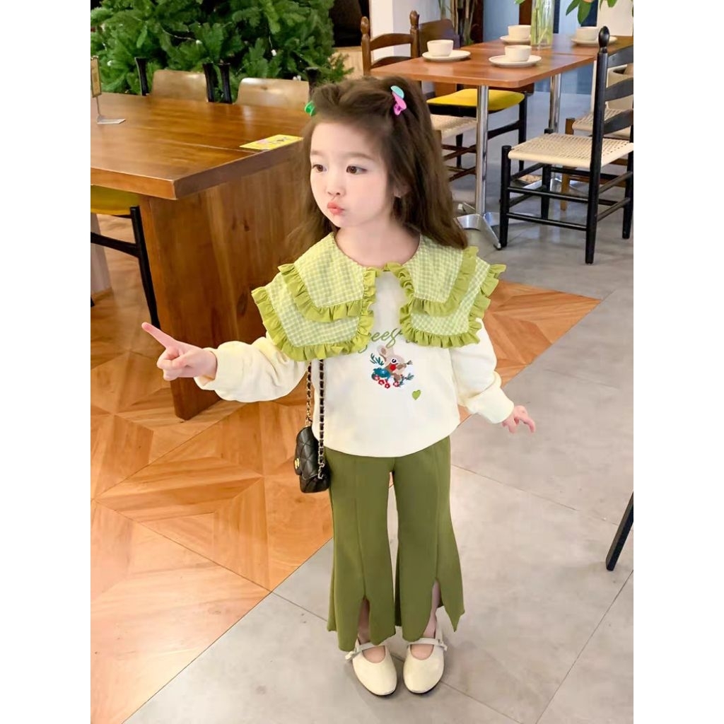 Biyankids Setelan Baju Anak Perempuan Atasan Kerah Anak Perempuan Sweater kerah Celana cutbray Anak