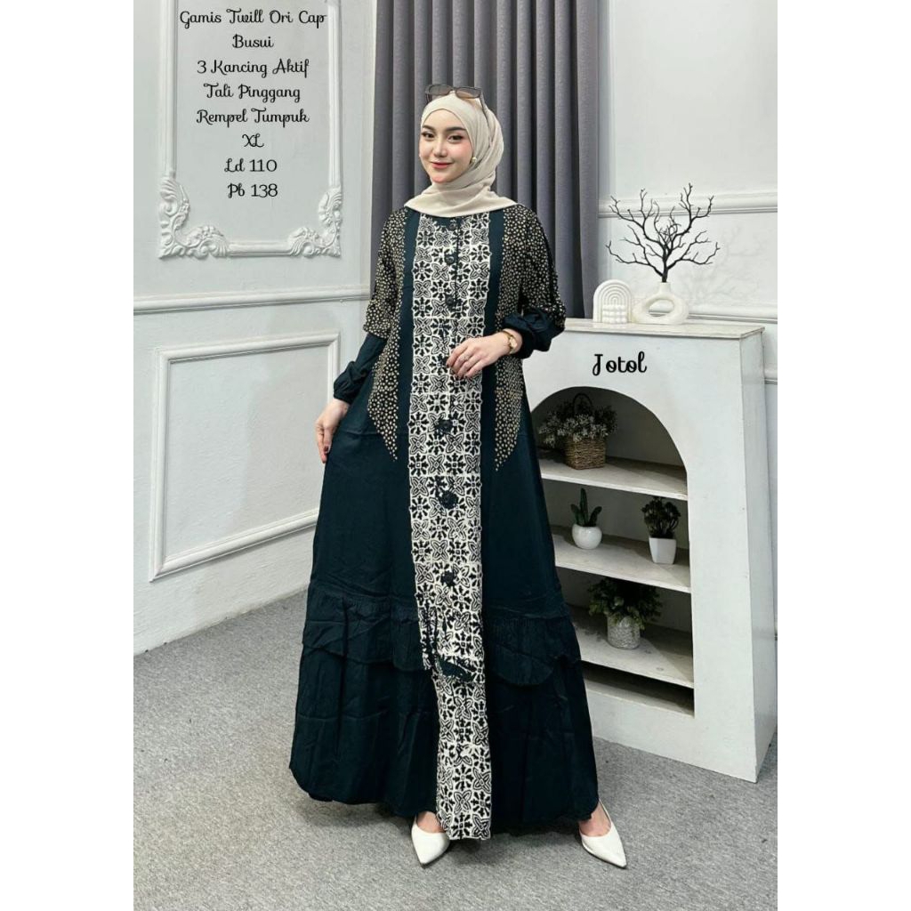 HK-Fashion Gamis Twill Ori Style Rempel Tumpuk Bawah/ Gamis twill ori motif batik cap/ Gamis twill o