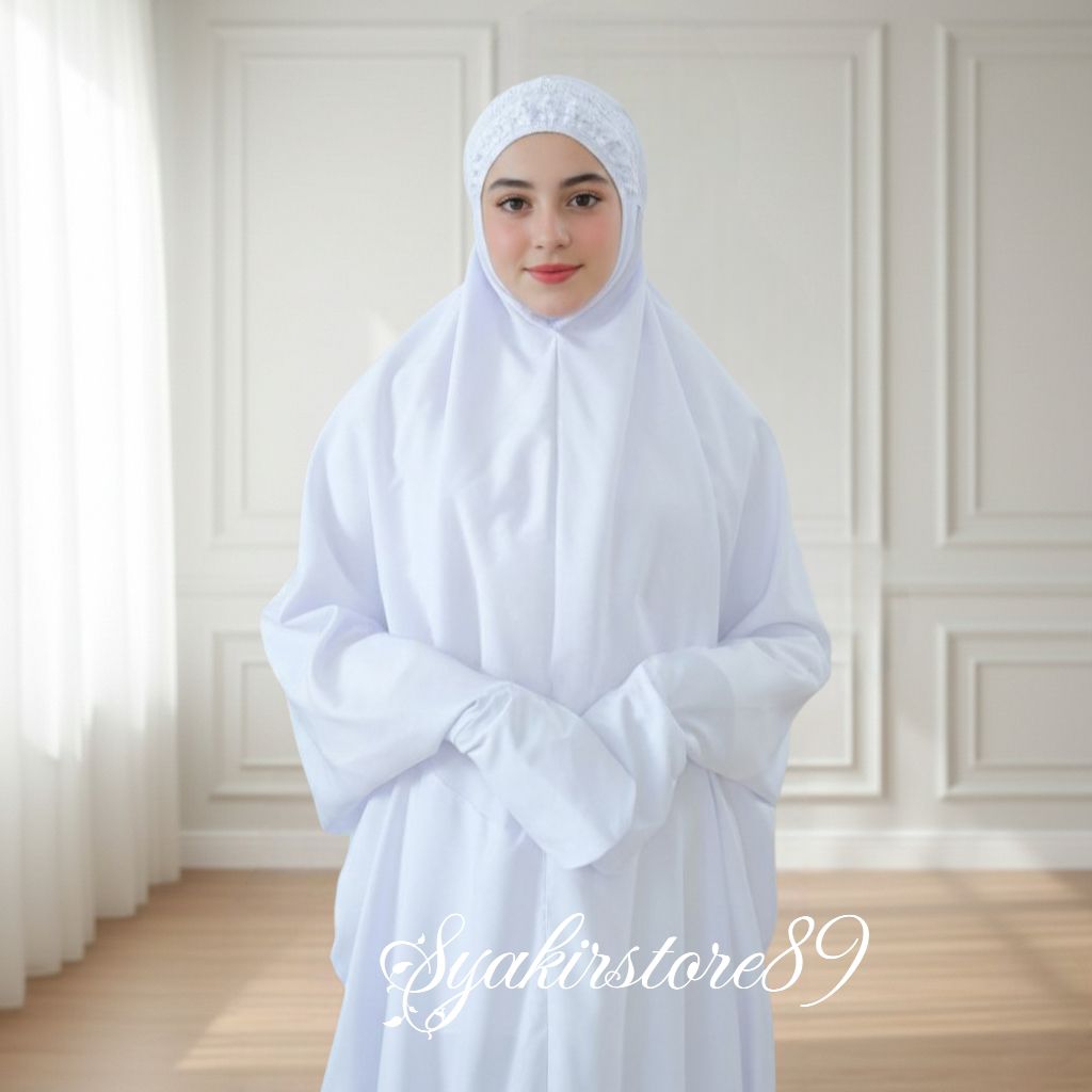 Mukena Terusan Putih Polos Renda Giper Khdizah Katun premium