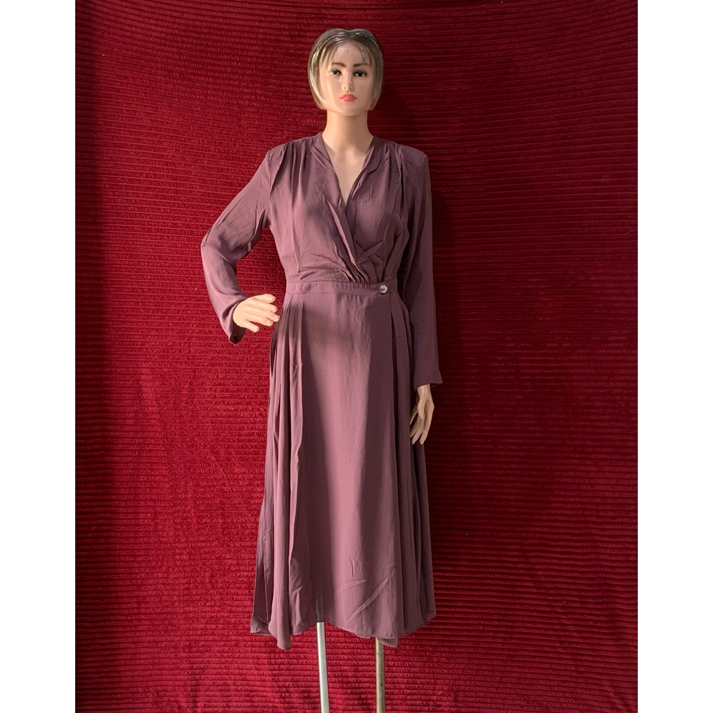 VINTAGE DRESS WANITA V NECK SIFON CANTIK ALA KIMONO KANCING KEKINIAN