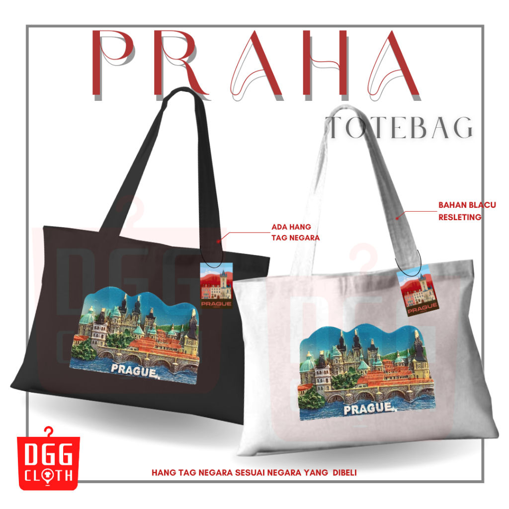 DGGCloth Tote Bag Praha, Totebag Sablon Oleh Oleh Praha Bahan Blacu Dengan Perekat Type 5