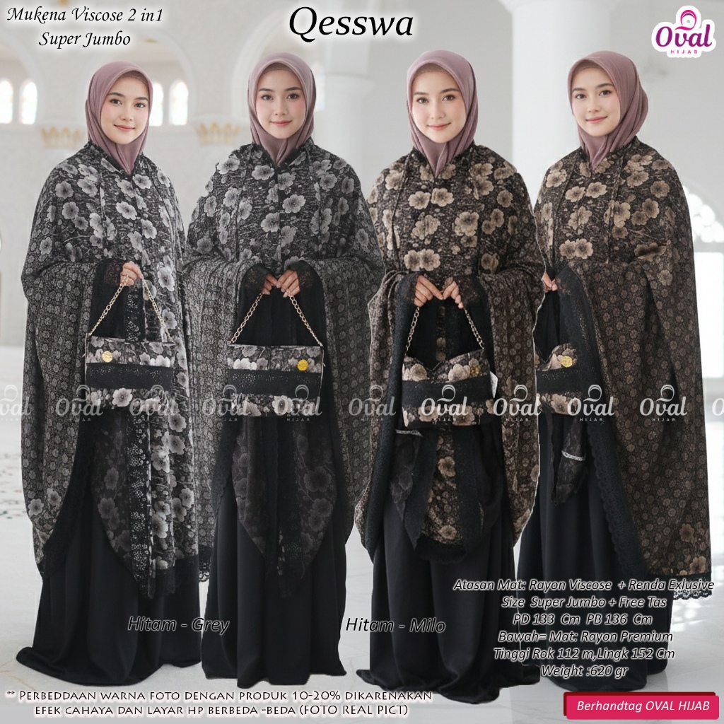 Mukena Rayon Viscose Renda Eksklusif Super Jumbo (QESSWA) Free Tas Elegan By Oval Hijab